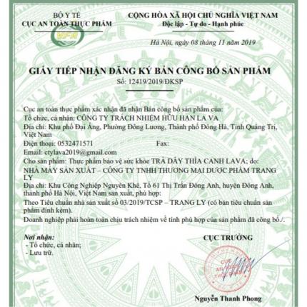 Giấy đăng ký công bố sản phẩm Trà Dây Thìa Canh Lava