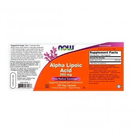 Nhãn Viên uống Now Alpha Lipoic Acid 250 mg