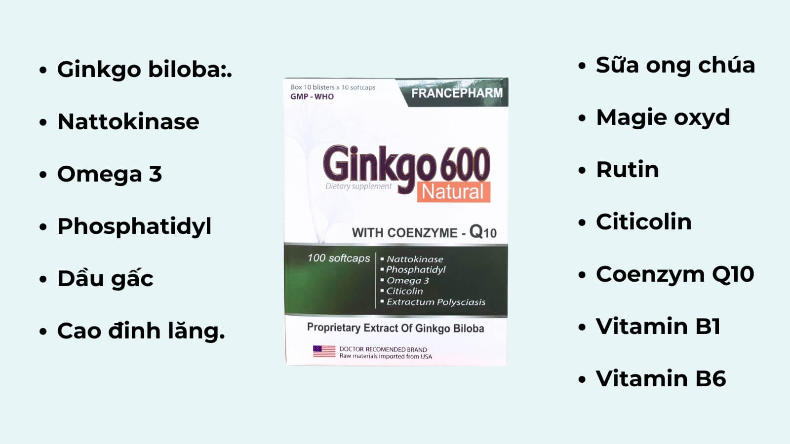 Thành phần chính có trong viên uống Ginkgo 600 Natural With Coenzyme Q10 