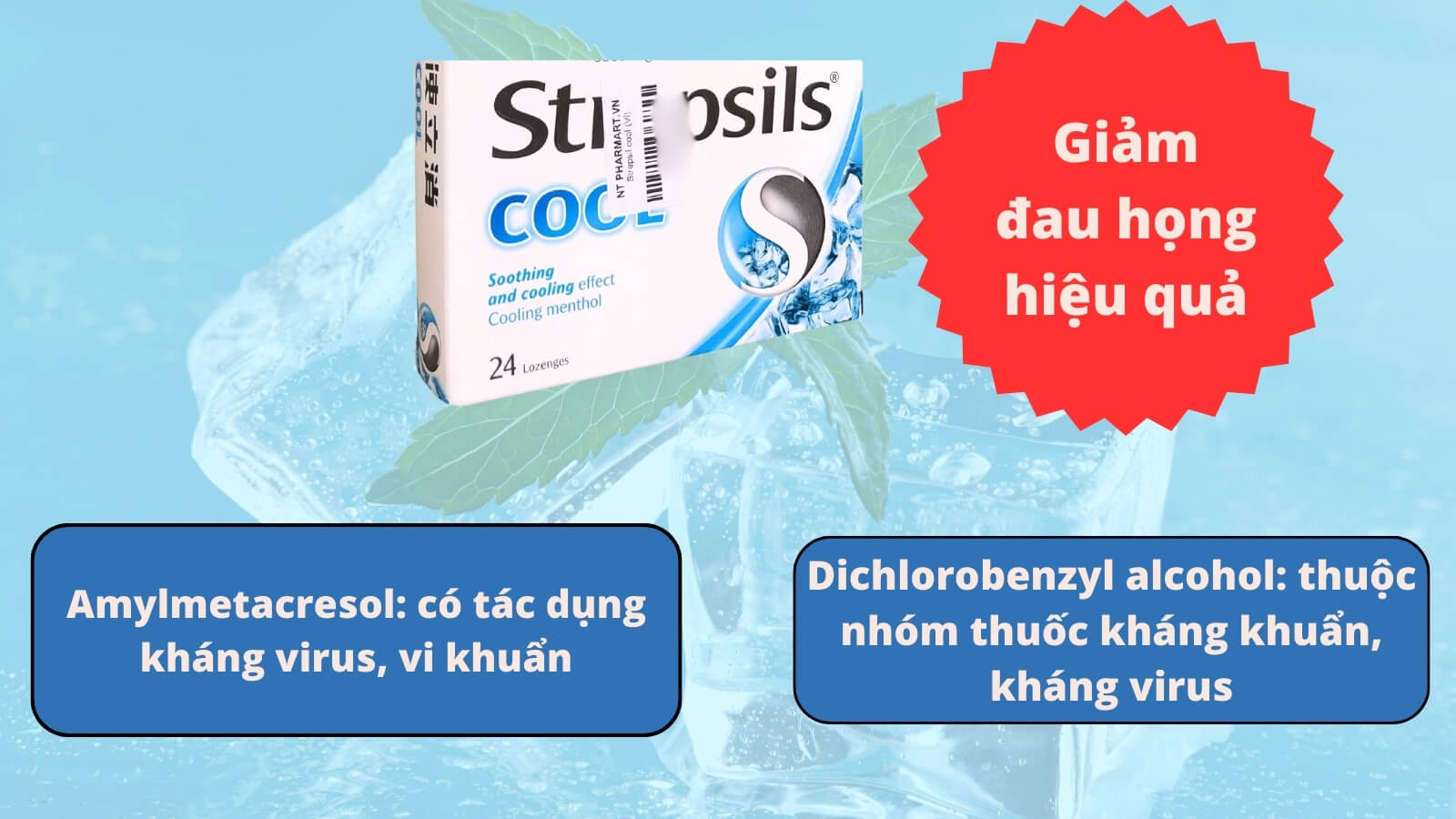 Viên ngậm Strepsils Cool chứa các thành phần giúp giảm đau họng hiệu quả