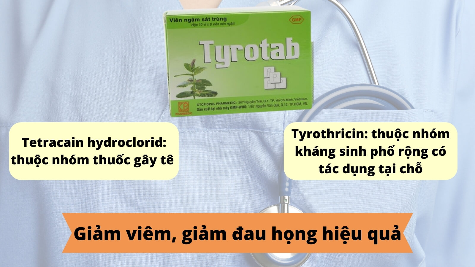 Viên ngậm Tyrotab chứa các thành phần giúp giảm viêm, giảm đau họng hiệu quả