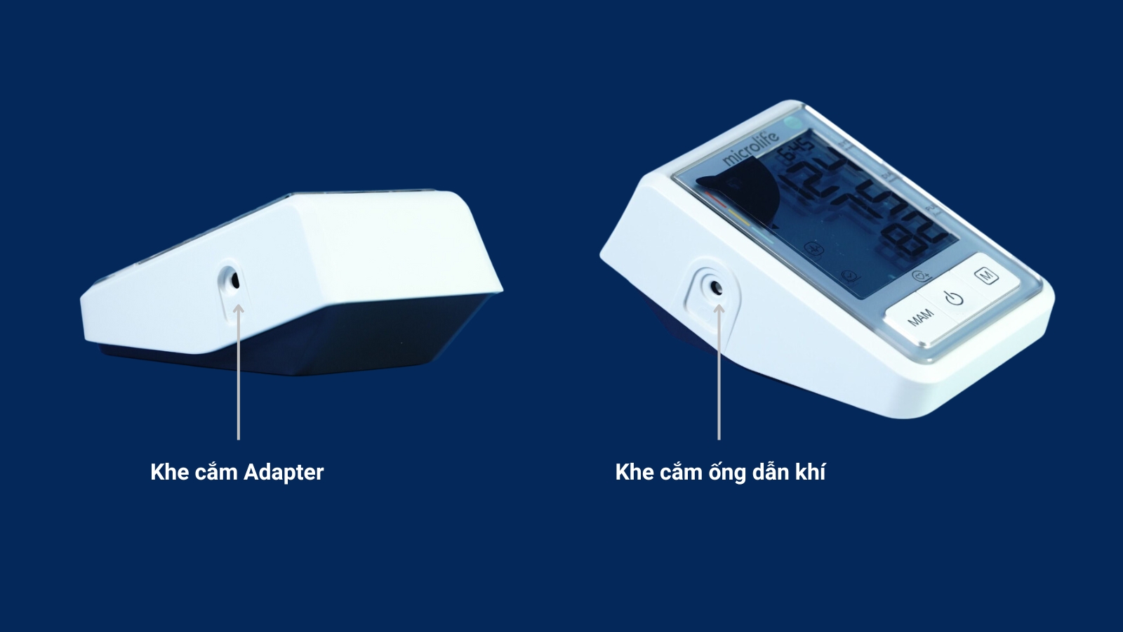 Khe cắm Adapter nằm bên phải và khe cắm ống dẫn khí nằm bên trái của thân máy