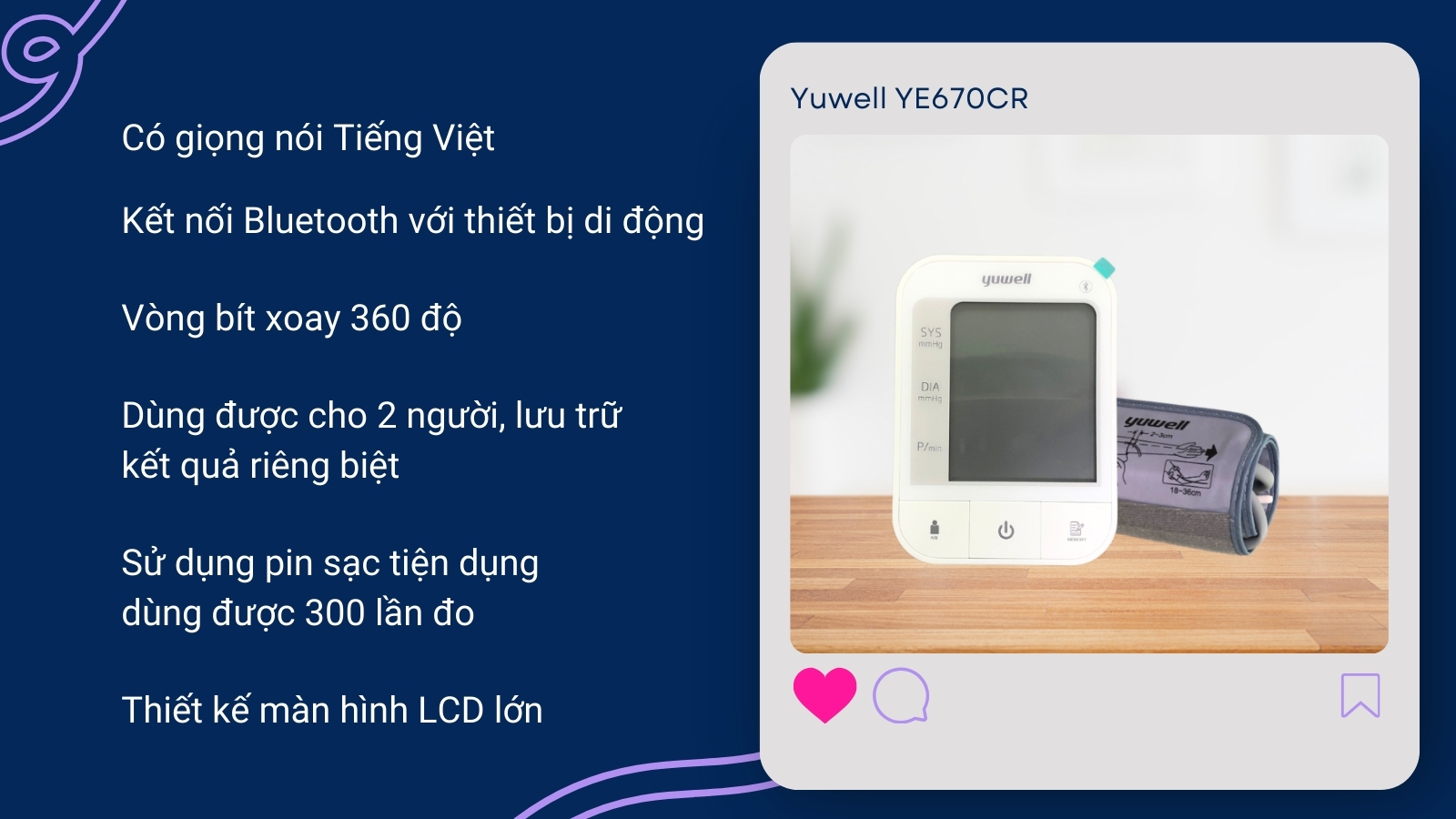 Máy đo huyết áp Yuwell YE670CR được ưa chuộng bởi nhiều tính năng thông minh, tiện lợi