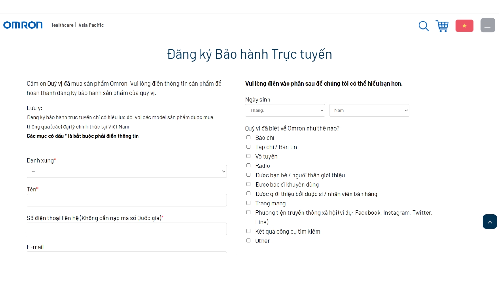 Đăng kí bảo hành trực tiến tại trung tâm BH của OMRON