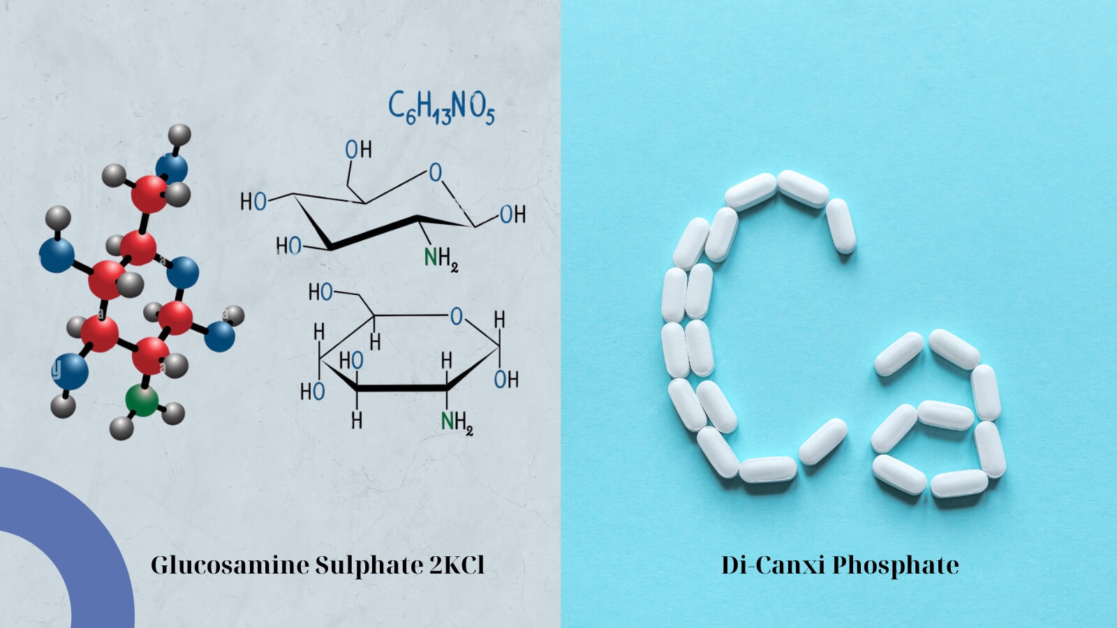 Sản phẩm gồm 2 thành phần chính là Glucosamine và Di-canxi phosphate